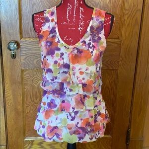 Sweet Pea floral sleeveless blouse, ruffled front